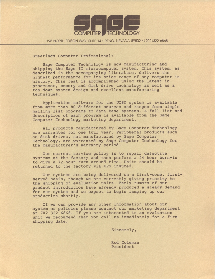 Sage Computer Greetings from Rod Coleman