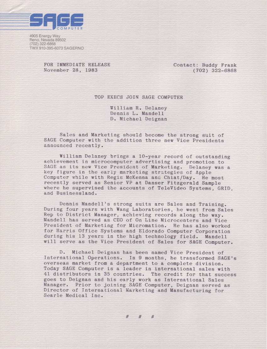 Sage Computer Press Releases